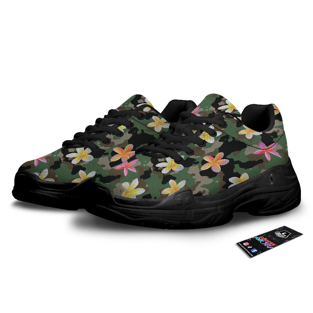 Camo Flower Military Green Print Pattern Black Chunky Shoes-grizzshop