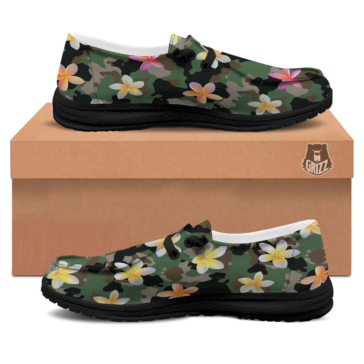 Camo Flower Military Green Print Pattern Black Loafers-grizzshop