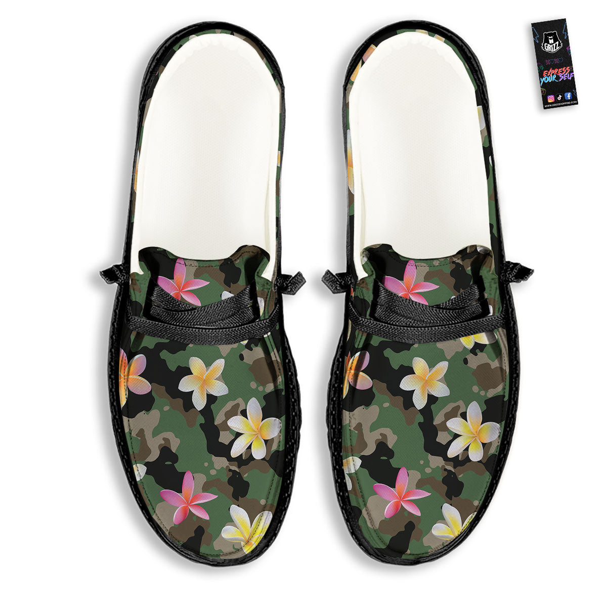 Camo Flower Military Green Print Pattern Black Loafers-grizzshop