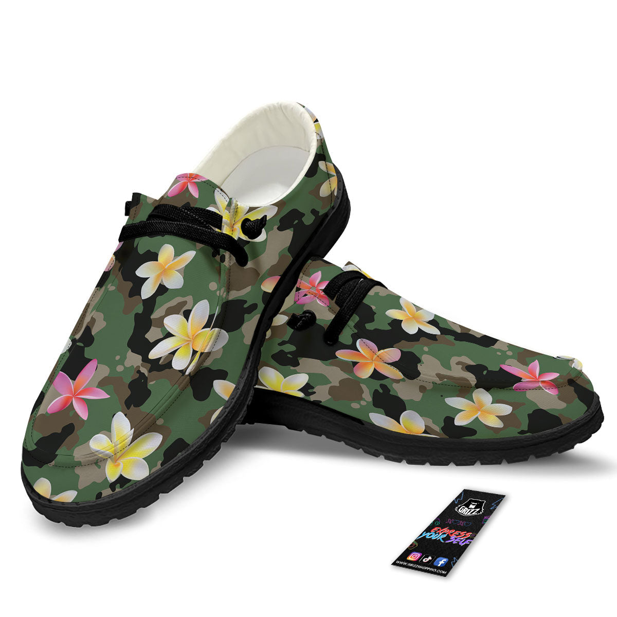 Camo Flower Military Green Print Pattern Black Loafers-grizzshop