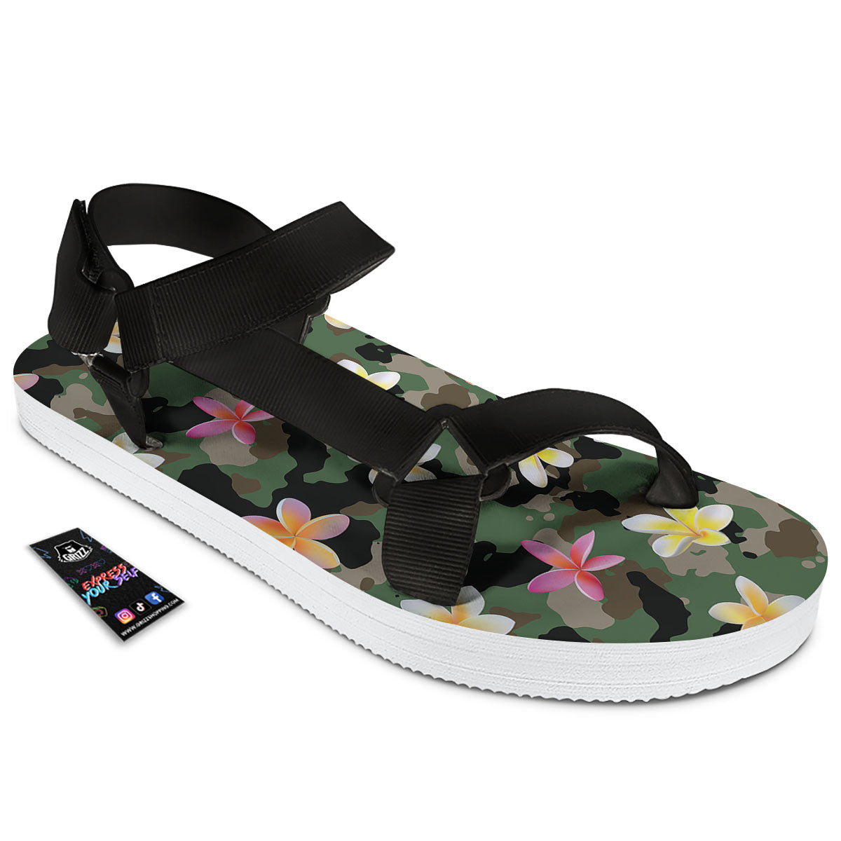 Camo Flower Military Green Print Pattern Black Open Toe Sandals-grizzshop