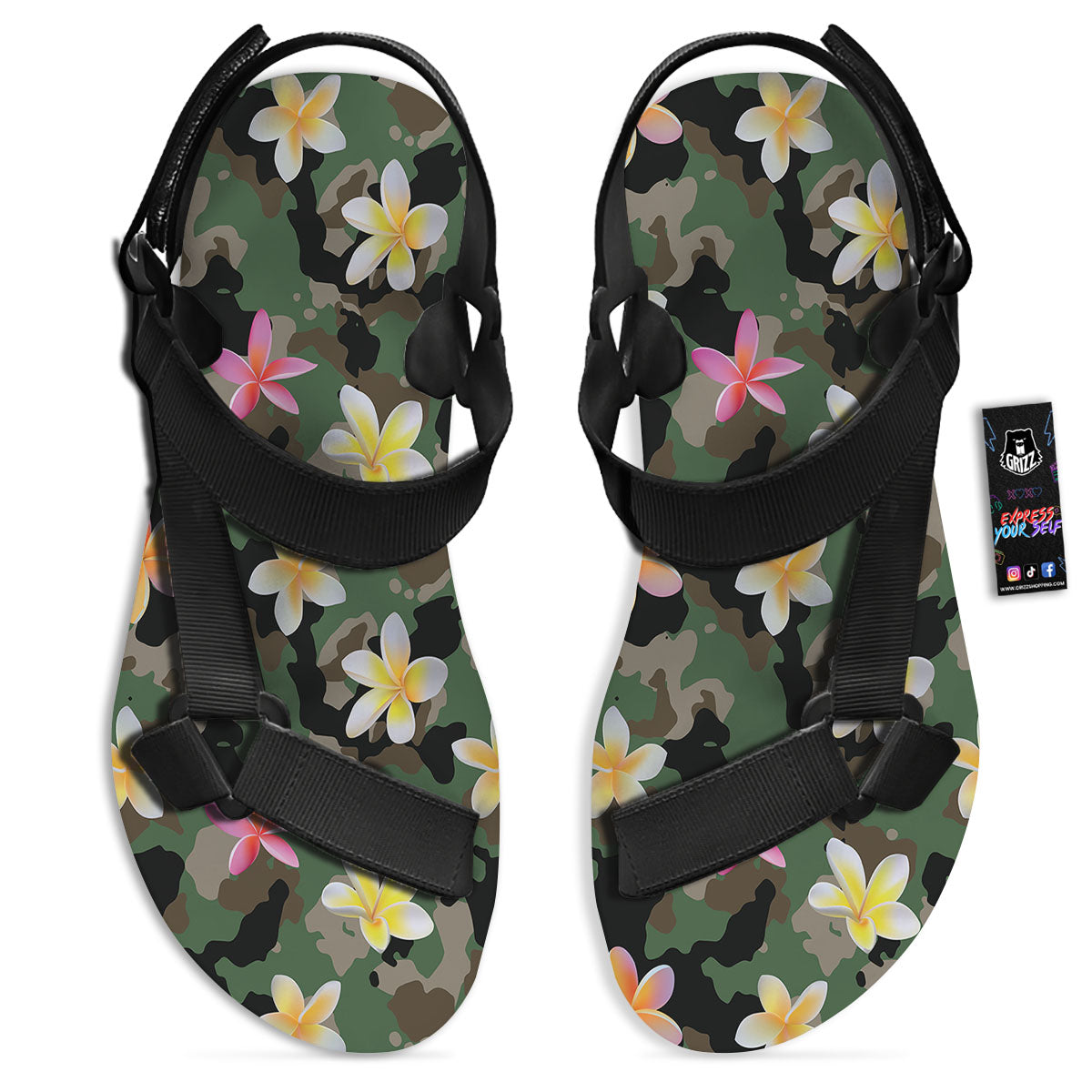 Camo Flower Military Green Print Pattern Black Open Toe Sandals-grizzshop