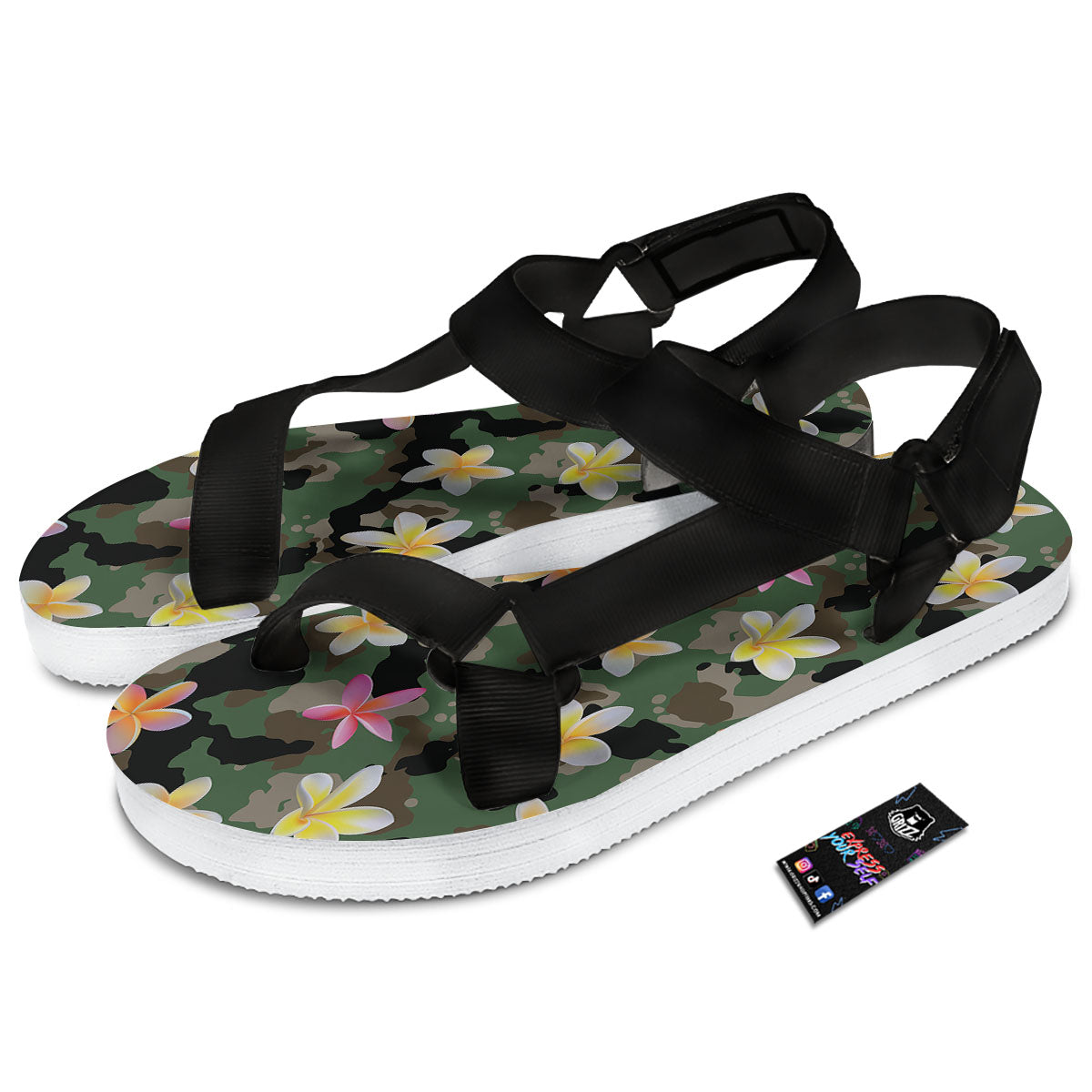 Camo Flower Military Green Print Pattern Black Open Toe Sandals-grizzshop