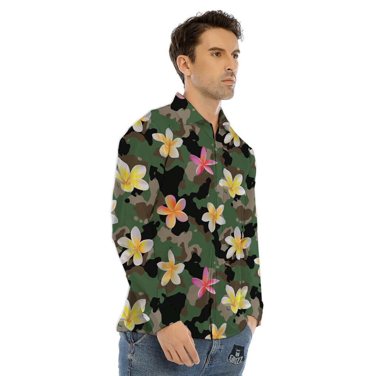 Camo Flower Military Green Print Pattern Men's Dress Shirts-grizzshop