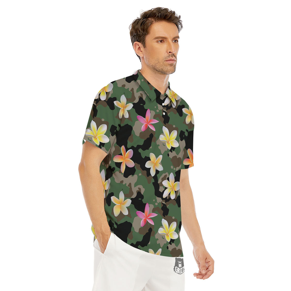 Camo Flower Military Green Print Pattern Men's Golf Shirts-grizzshop