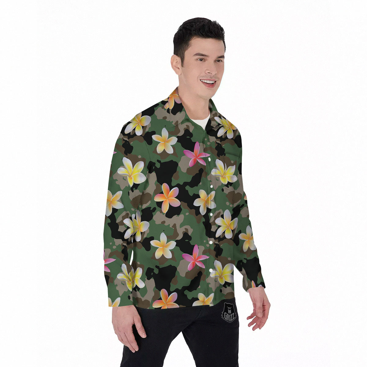 Camo Flower Military Green Print Pattern Men's Long Sleeve Shirts-grizzshop