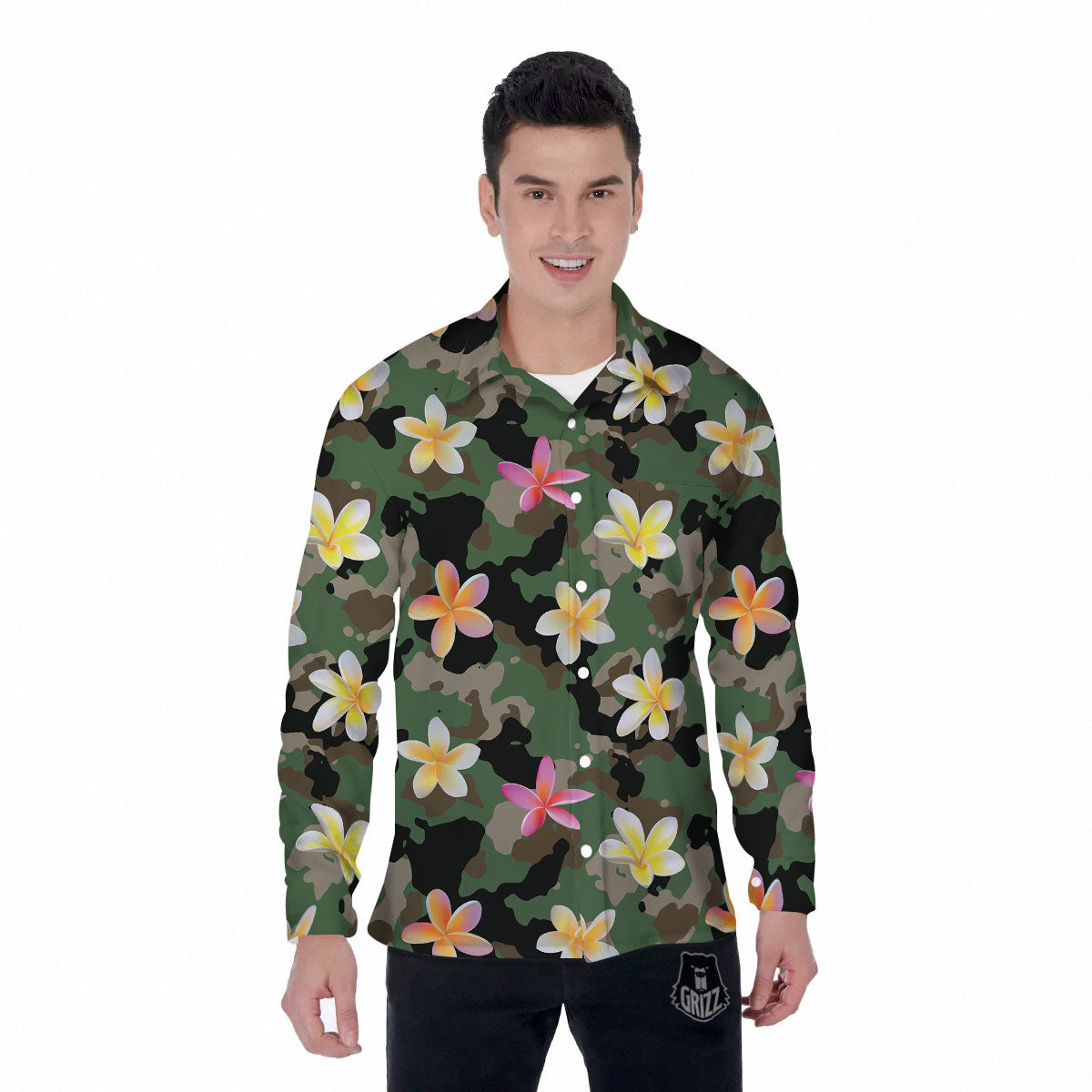 Camo Flower Military Green Print Pattern Men's Long Sleeve Shirts-grizzshop