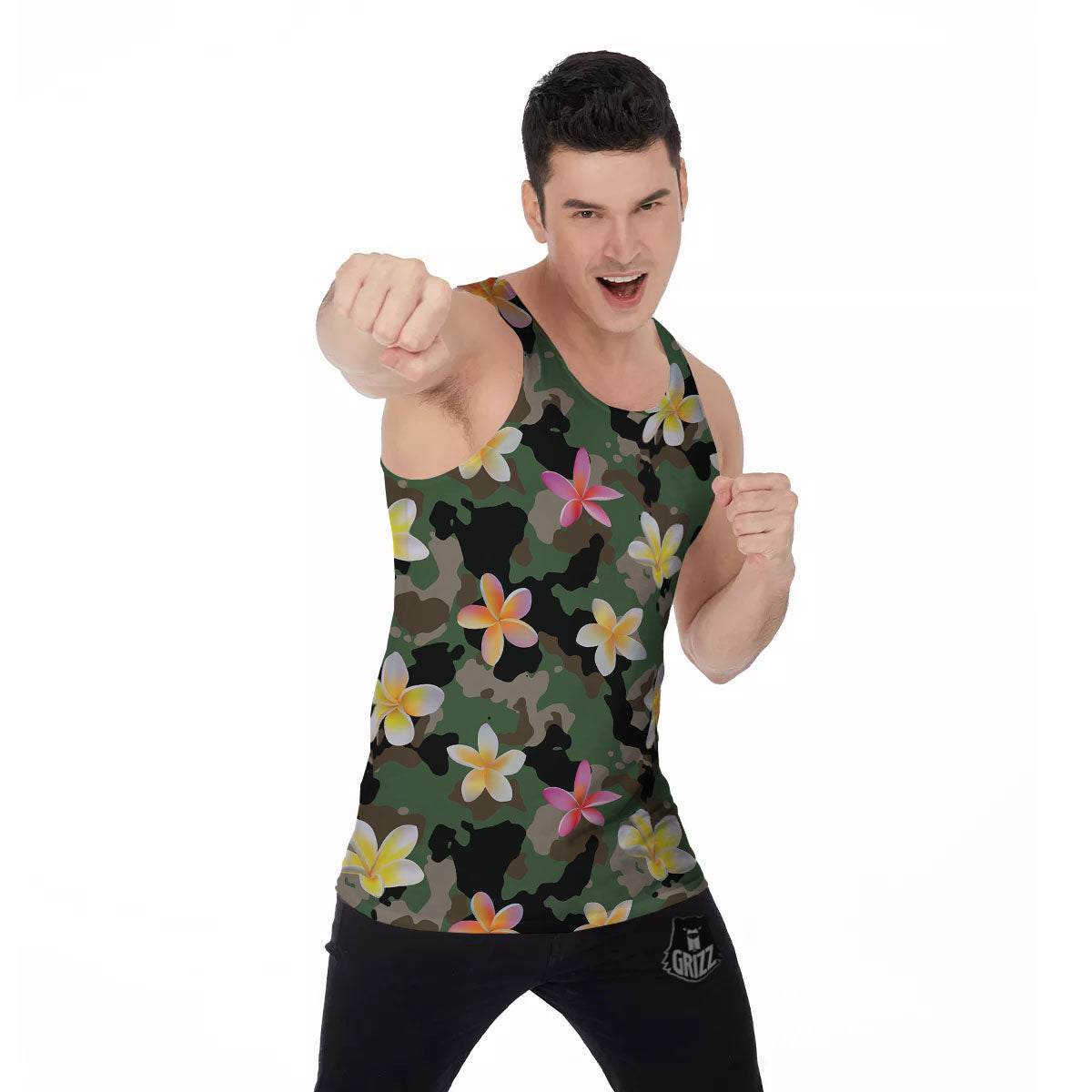 Camo Flower Military Green Print Pattern Men's Tank Top-grizzshop