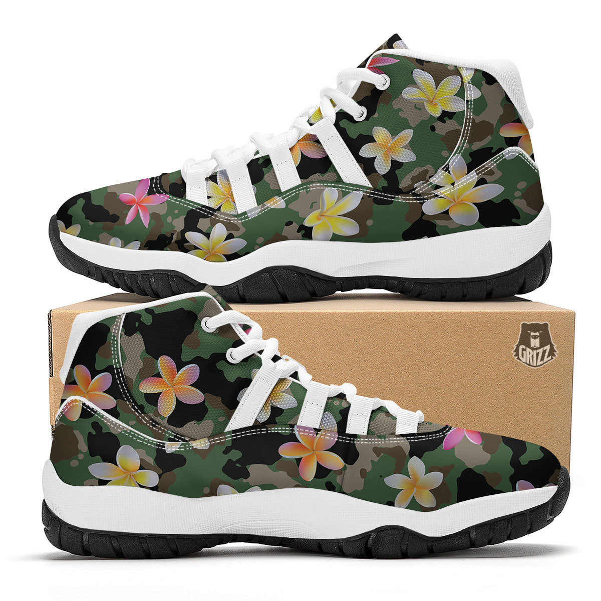 Camo Flower Military Green Print Pattern White Bball Shoes-grizzshop