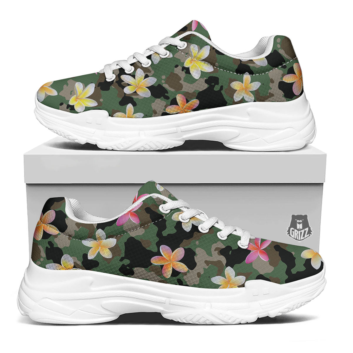 Camo Flower Military Green Print Pattern White Chunky Shoes-grizzshop