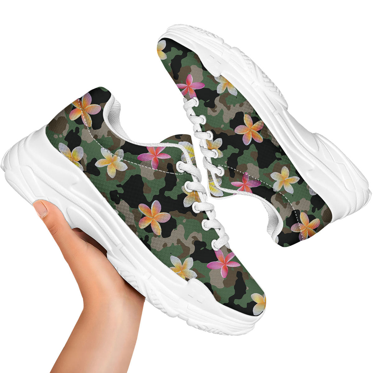 Camo Flower Military Green Print Pattern White Chunky Shoes-grizzshop