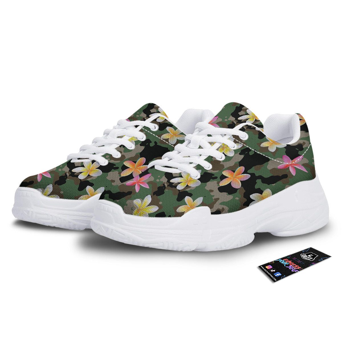 Camo Flower Military Green Print Pattern White Chunky Shoes-grizzshop