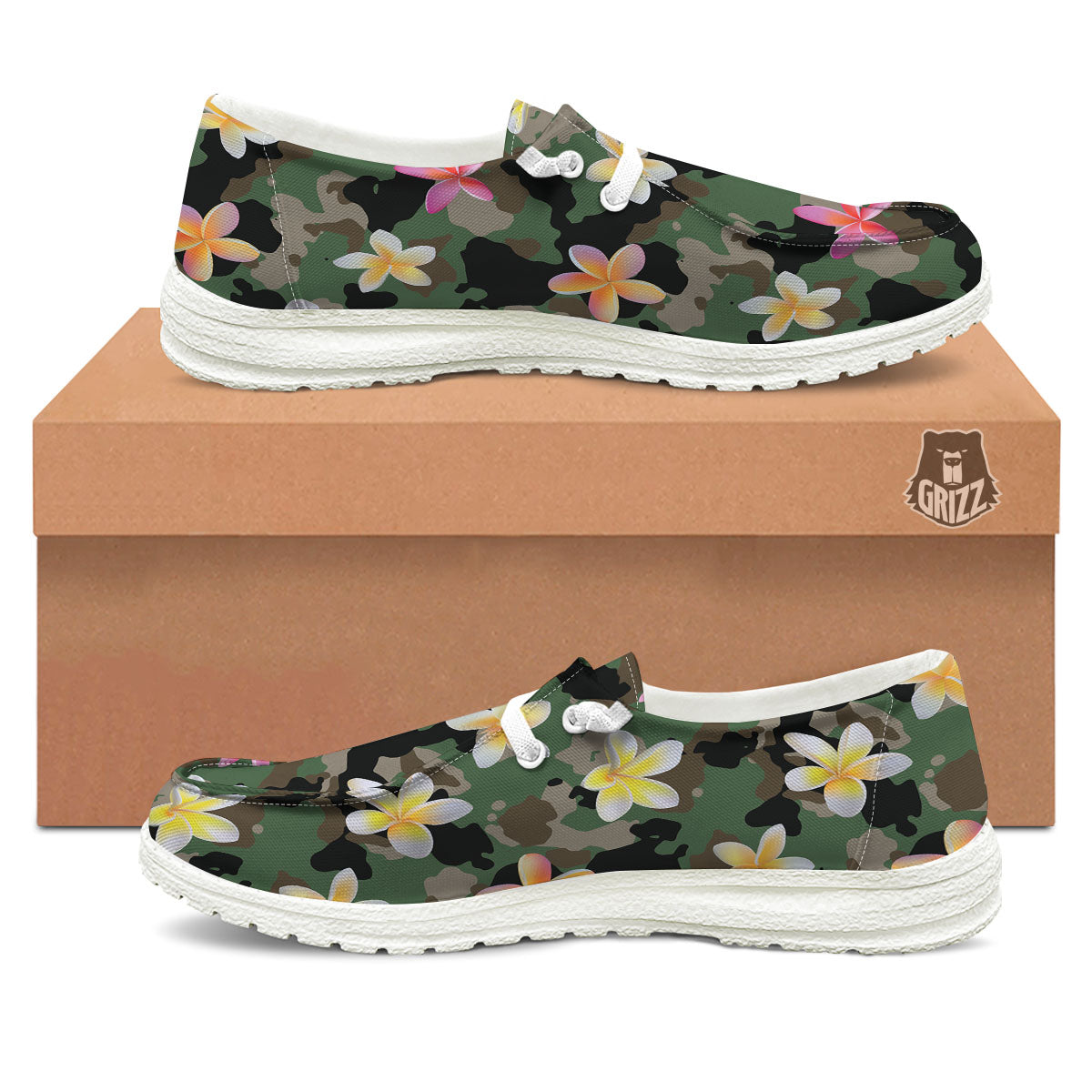Camo Flower Military Green Print Pattern White Loafers-grizzshop