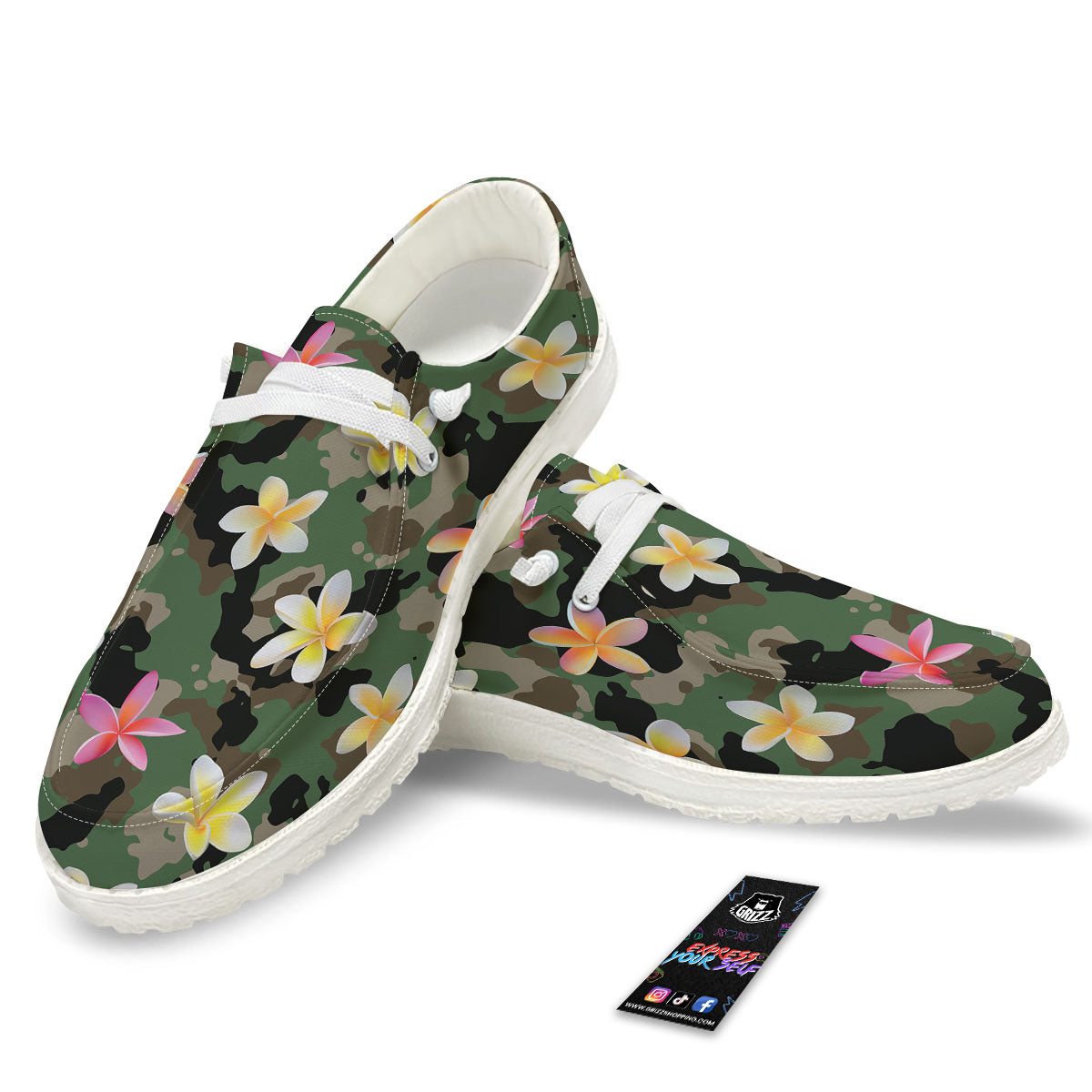 Camo Flower Military Green Print Pattern White Loafers-grizzshop
