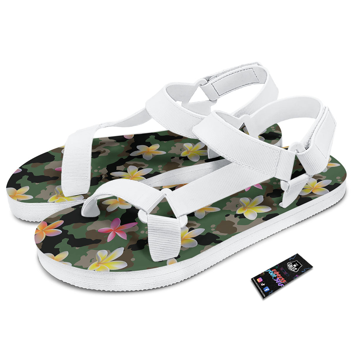 Camo Flower Military Green Print Pattern White Open Toe Sandals-grizzshop