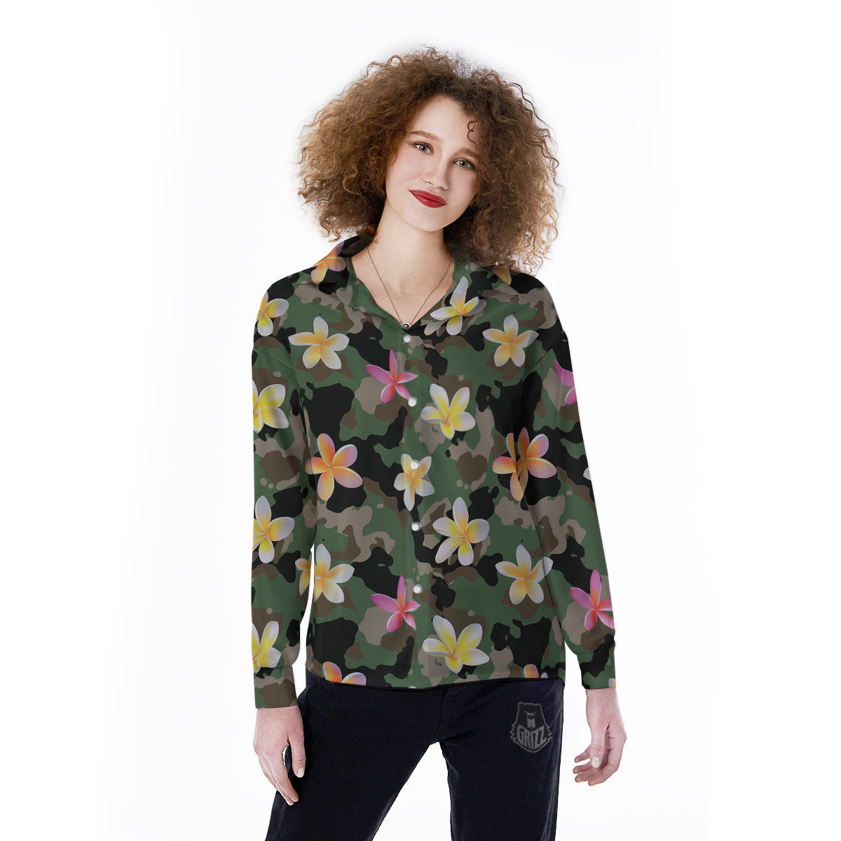 Camo Flower Military Green Print Pattern Women's Long Sleeve Shirts-grizzshop