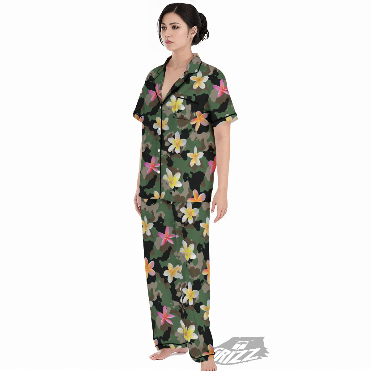 Camo Flower Military Green Print Pattern Women's Pajamas Set-grizzshop