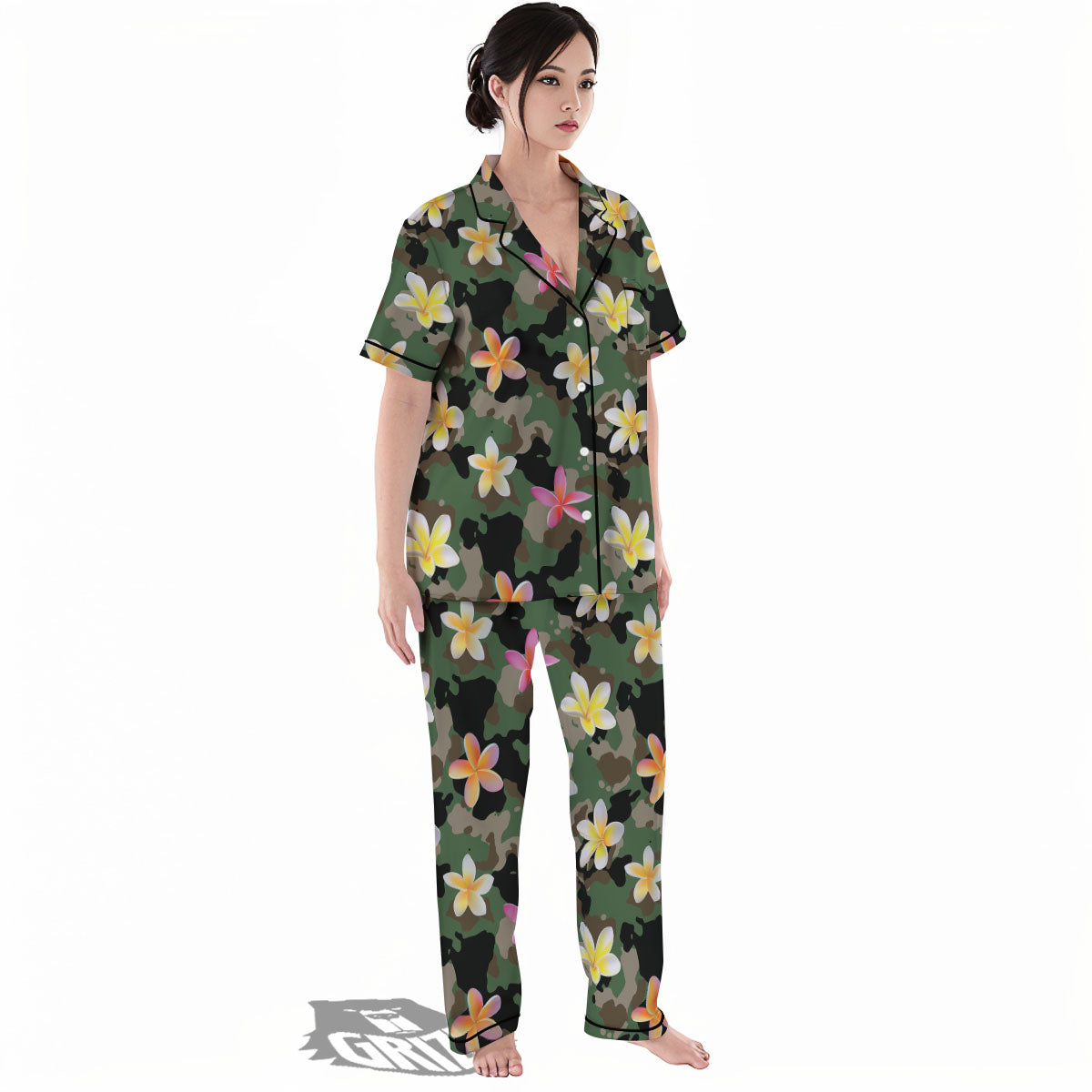 Camo Flower Military Green Print Pattern Women's Pajamas Set-grizzshop