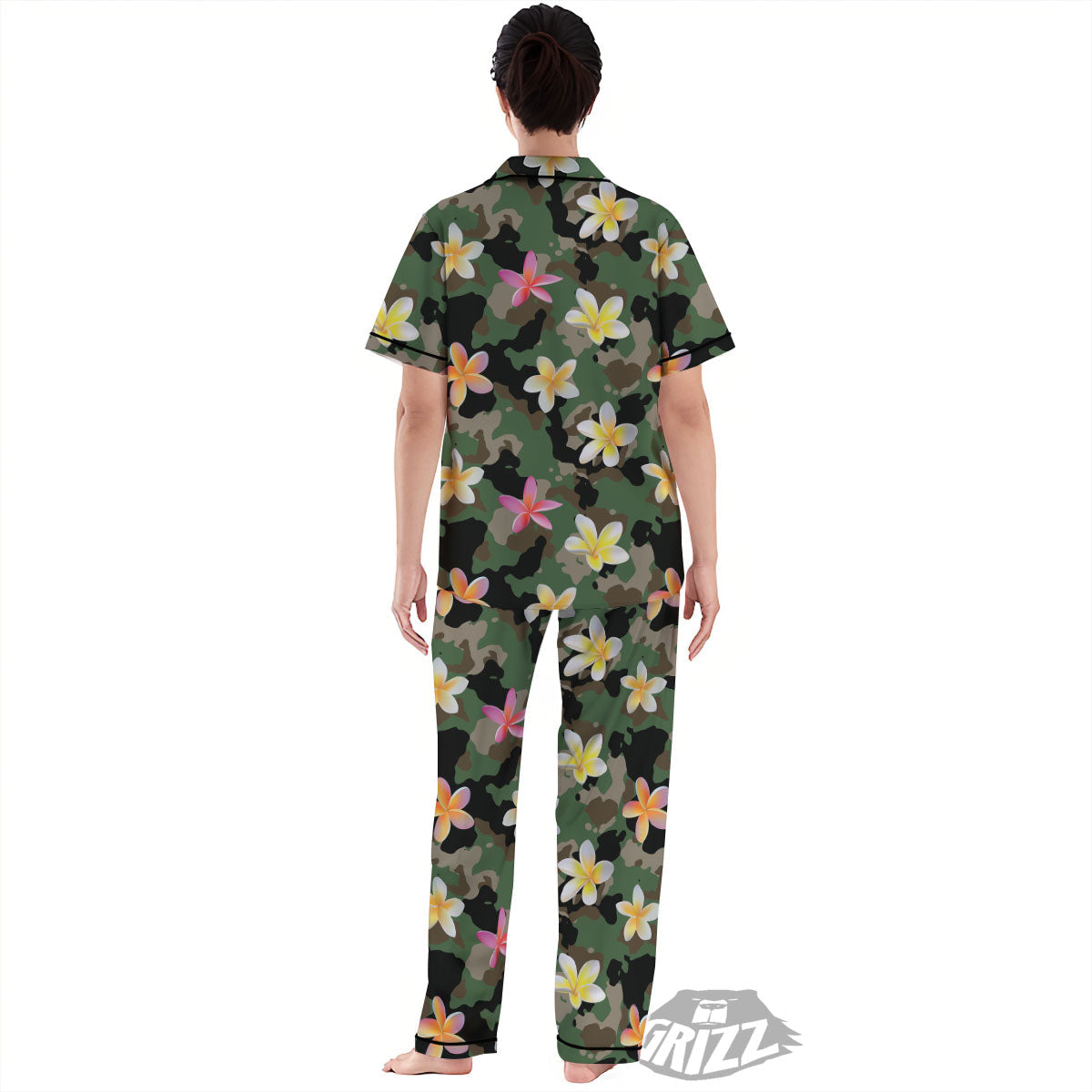 Camo Flower Military Green Print Pattern Women's Pajamas Set-grizzshop