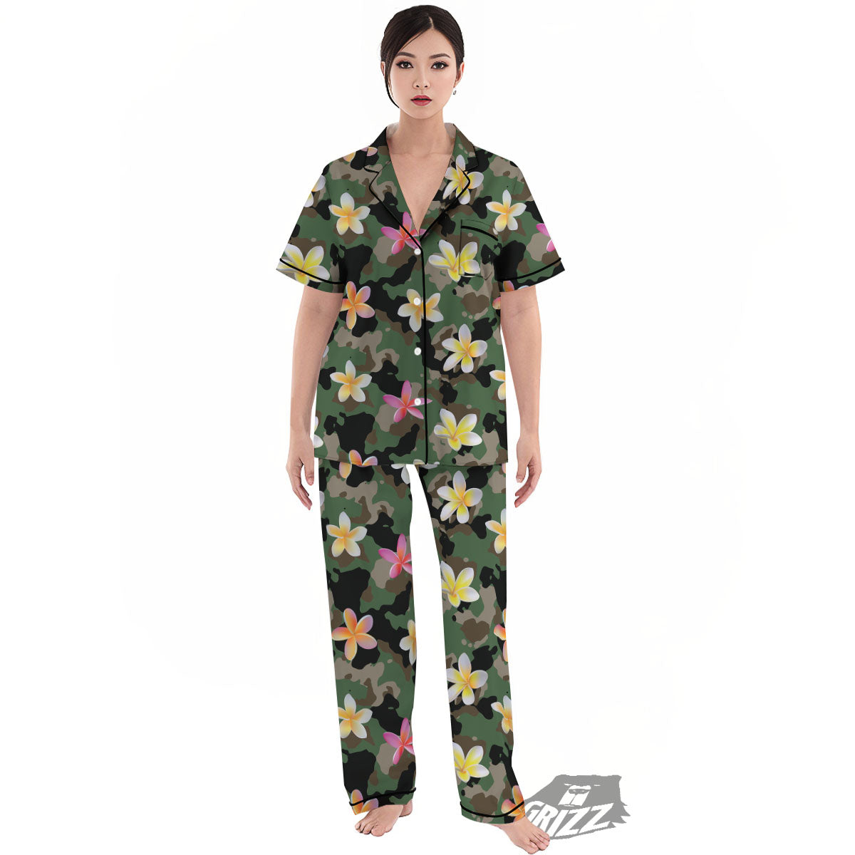 Camo Flower Military Green Print Pattern Women's Pajamas Set-grizzshop