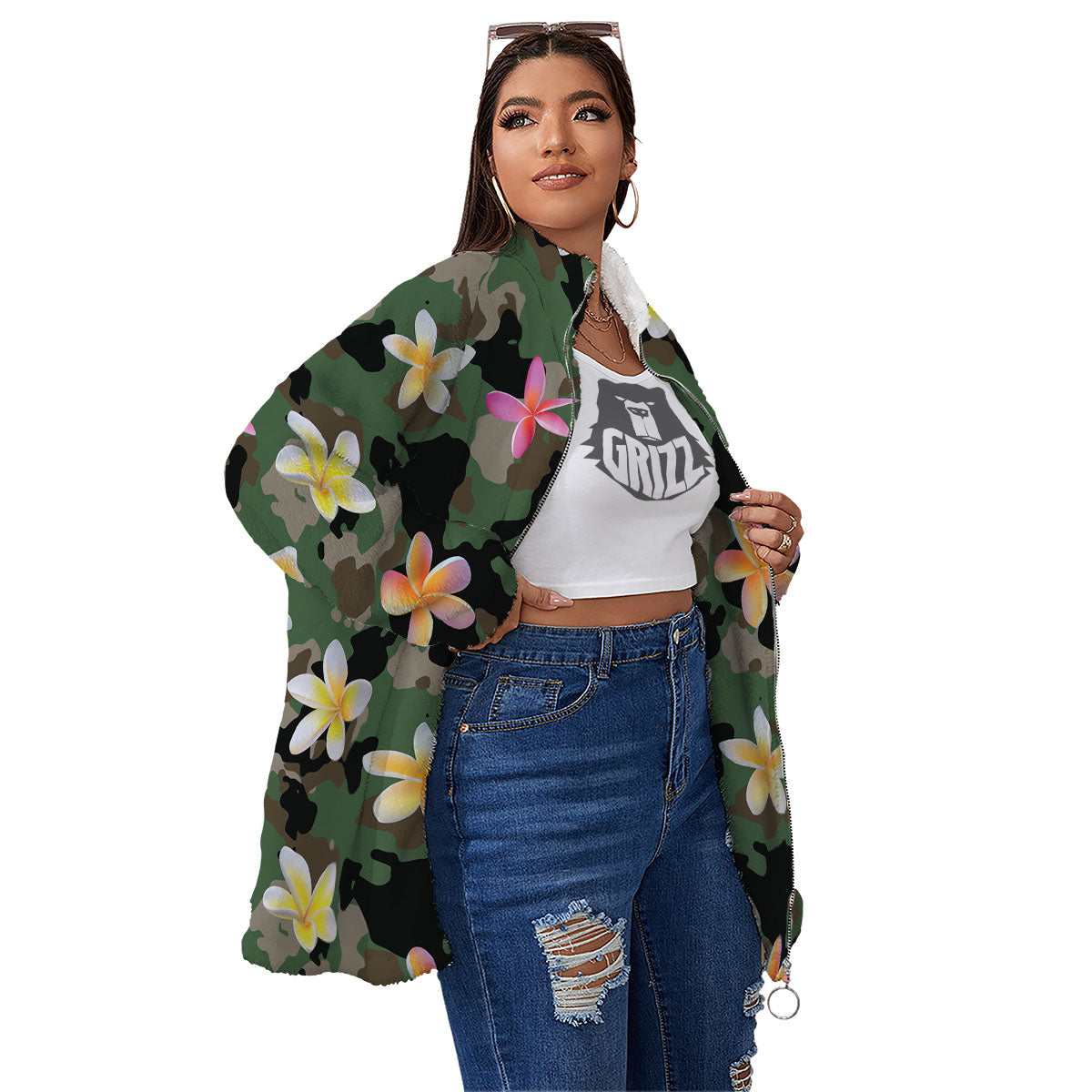 Camo Flower Military Green Print Pattern Women's Sherpa Jacket-grizzshop