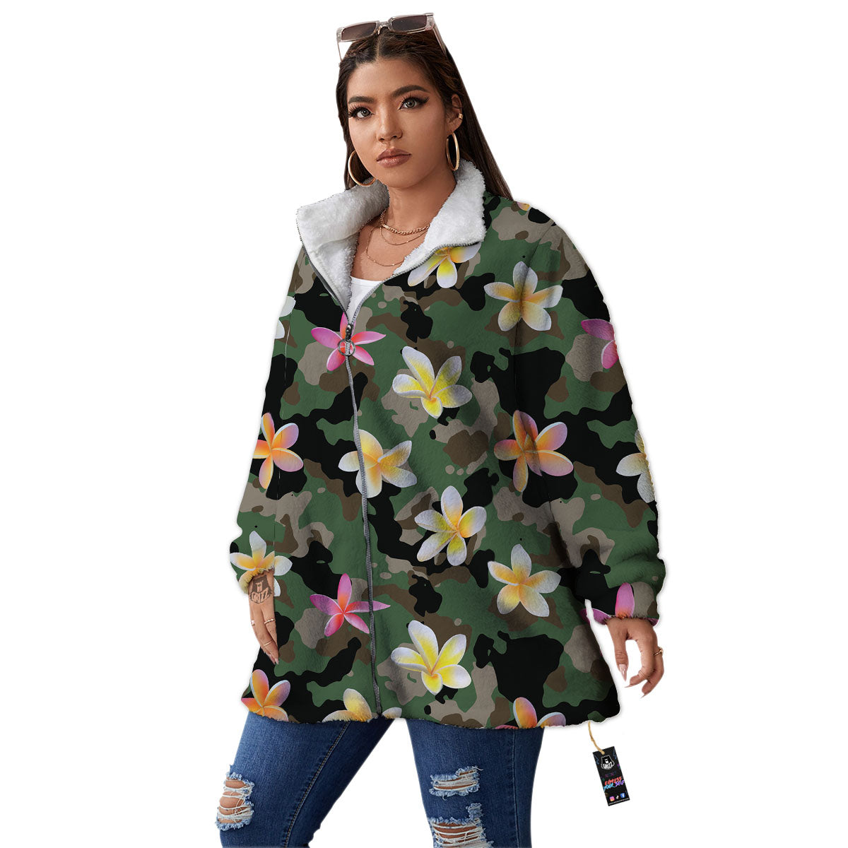Camo Flower Military Green Print Pattern Women's Sherpa Jacket-grizzshop