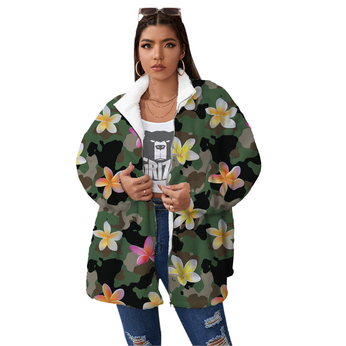 Camo Flower Military Green Print Pattern Women's Sherpa Jacket-grizzshop