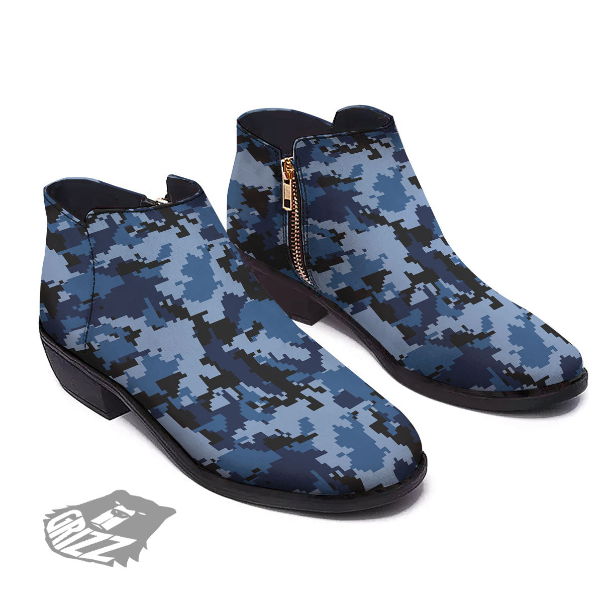 Camo Navy Digital Print Pattern Ankle Boots-grizzshop