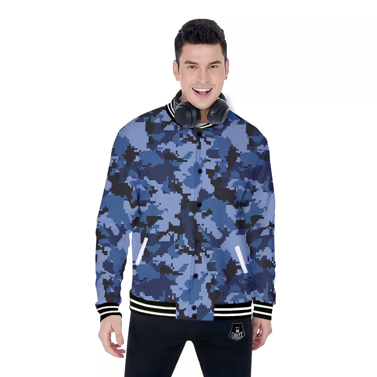Camo Navy Digital Print Pattern Baseball Jacket-grizzshop