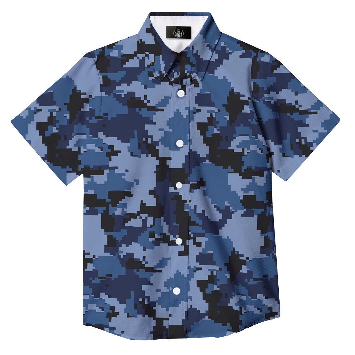 Camo Navy Digital Print Pattern Button Up Shirt-grizzshop