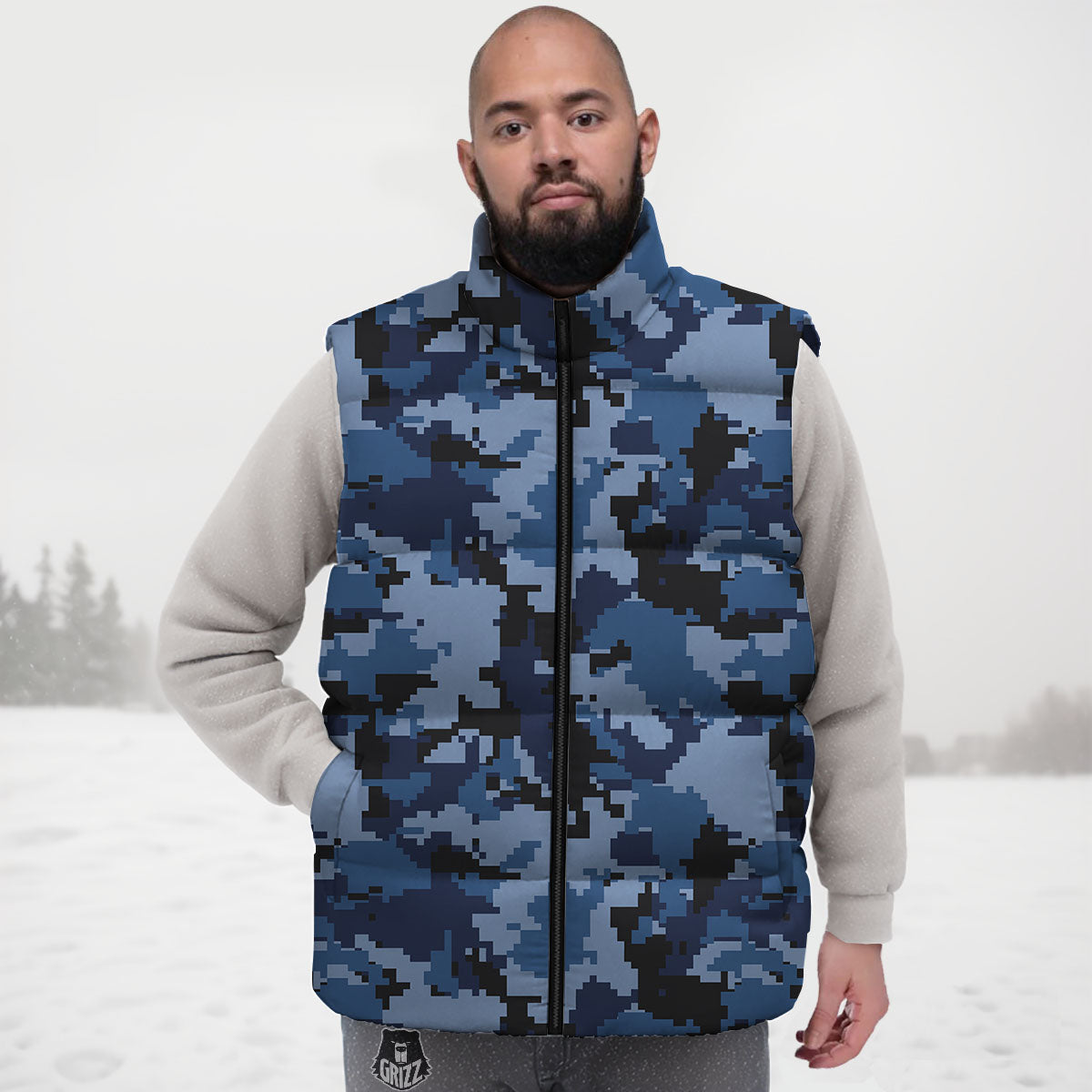 Camo Navy Digital Print Pattern Down Vest-grizzshop