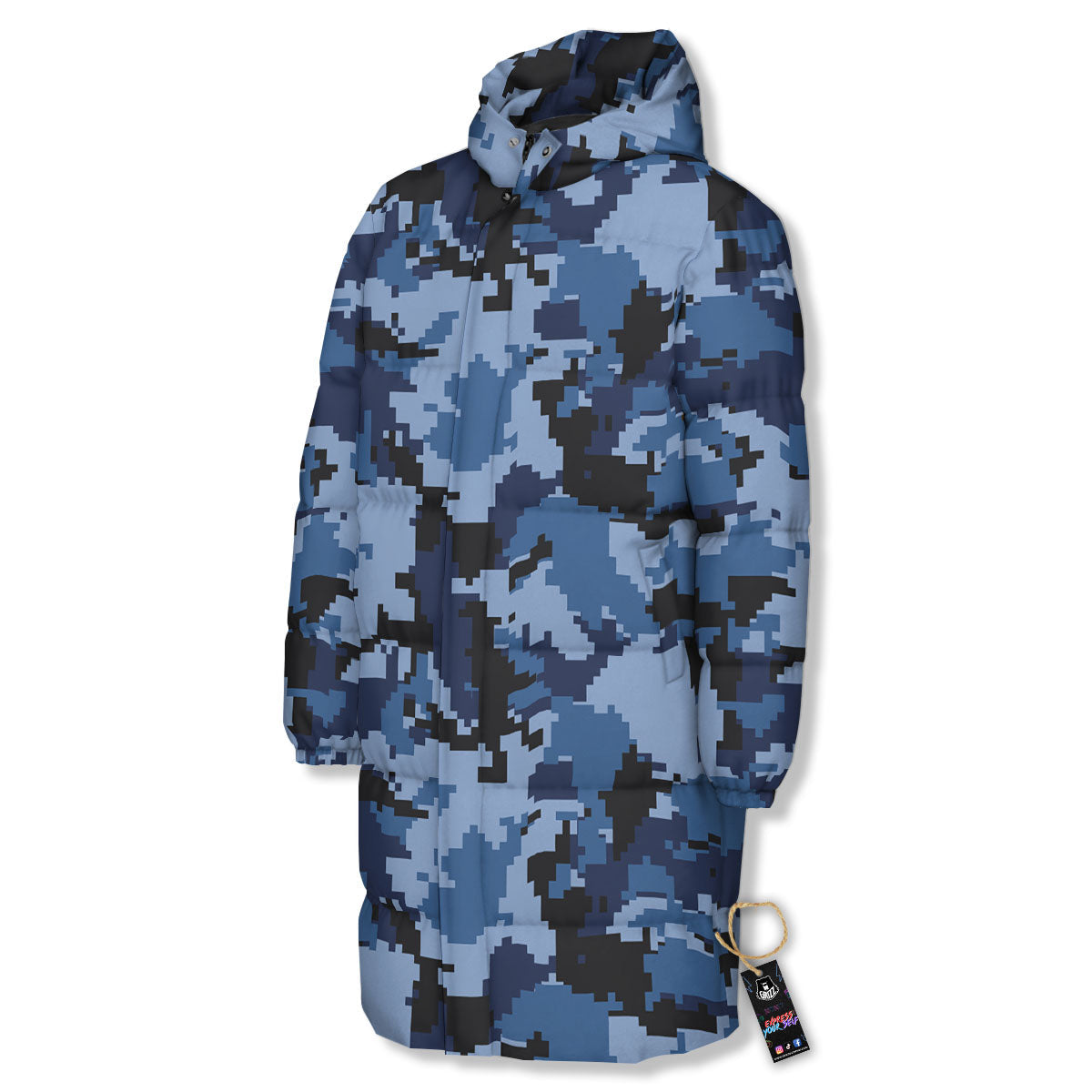 Camo Navy Digital Print Pattern Long Down Jacket-grizzshop