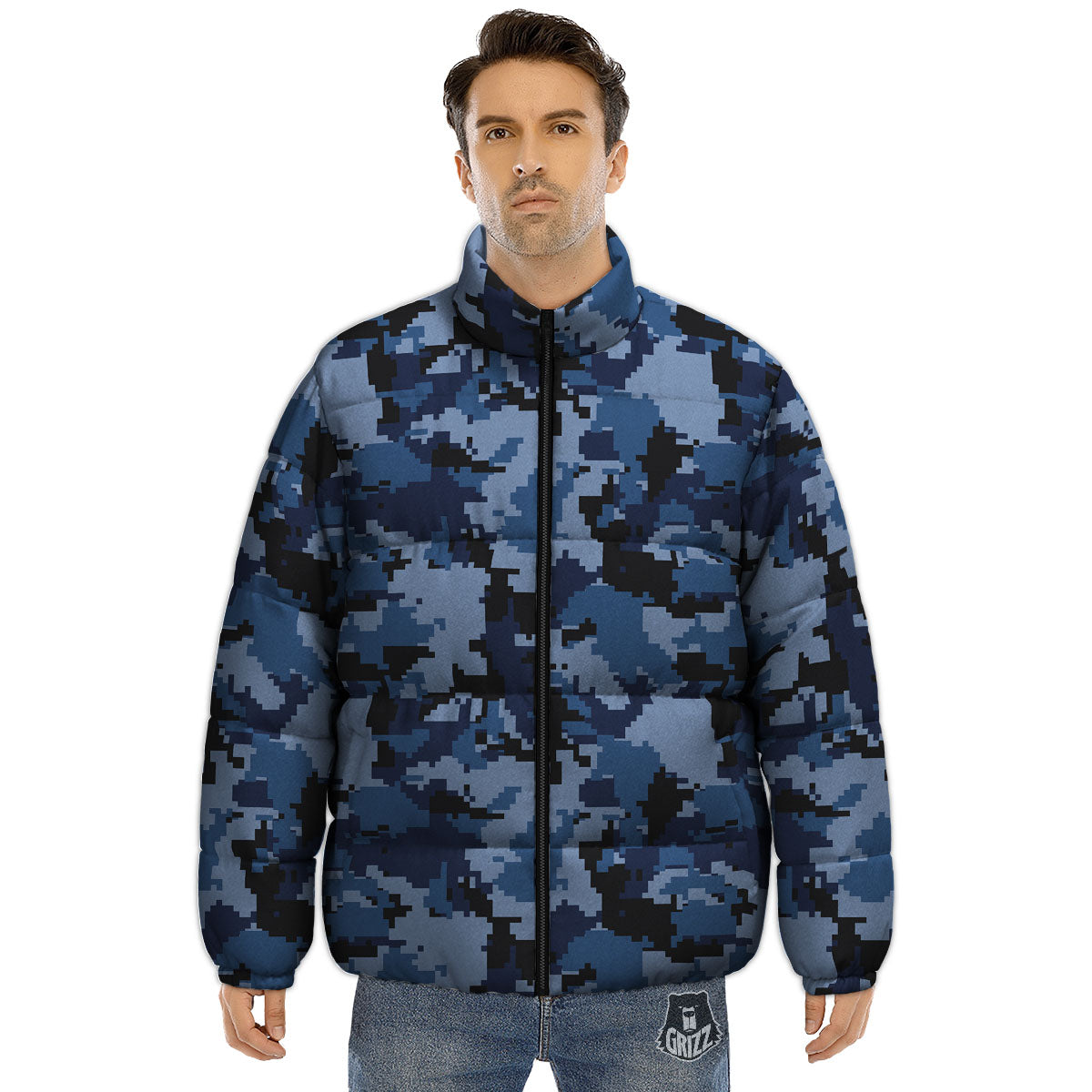 Camo Navy Digital Print Pattern Puffer Jacket-grizzshop