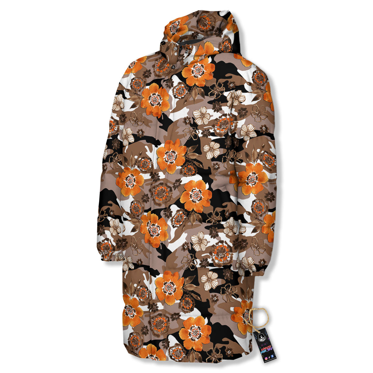 Camo Flower Brown Hawaiian Print Pattern Long Down Jacket