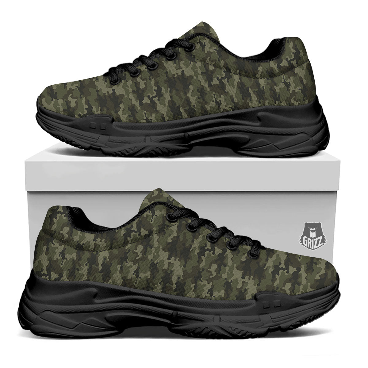 Camouflage Army Green Print Black Chunky Shoes-grizzshop