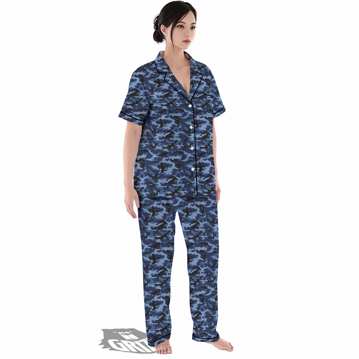 Camouflage Black And Blue Print Women's Pajamas Set-grizzshop