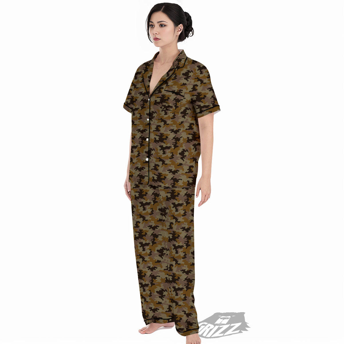 Camouflage Black And Brown Print Women's Pajamas Set-grizzshop