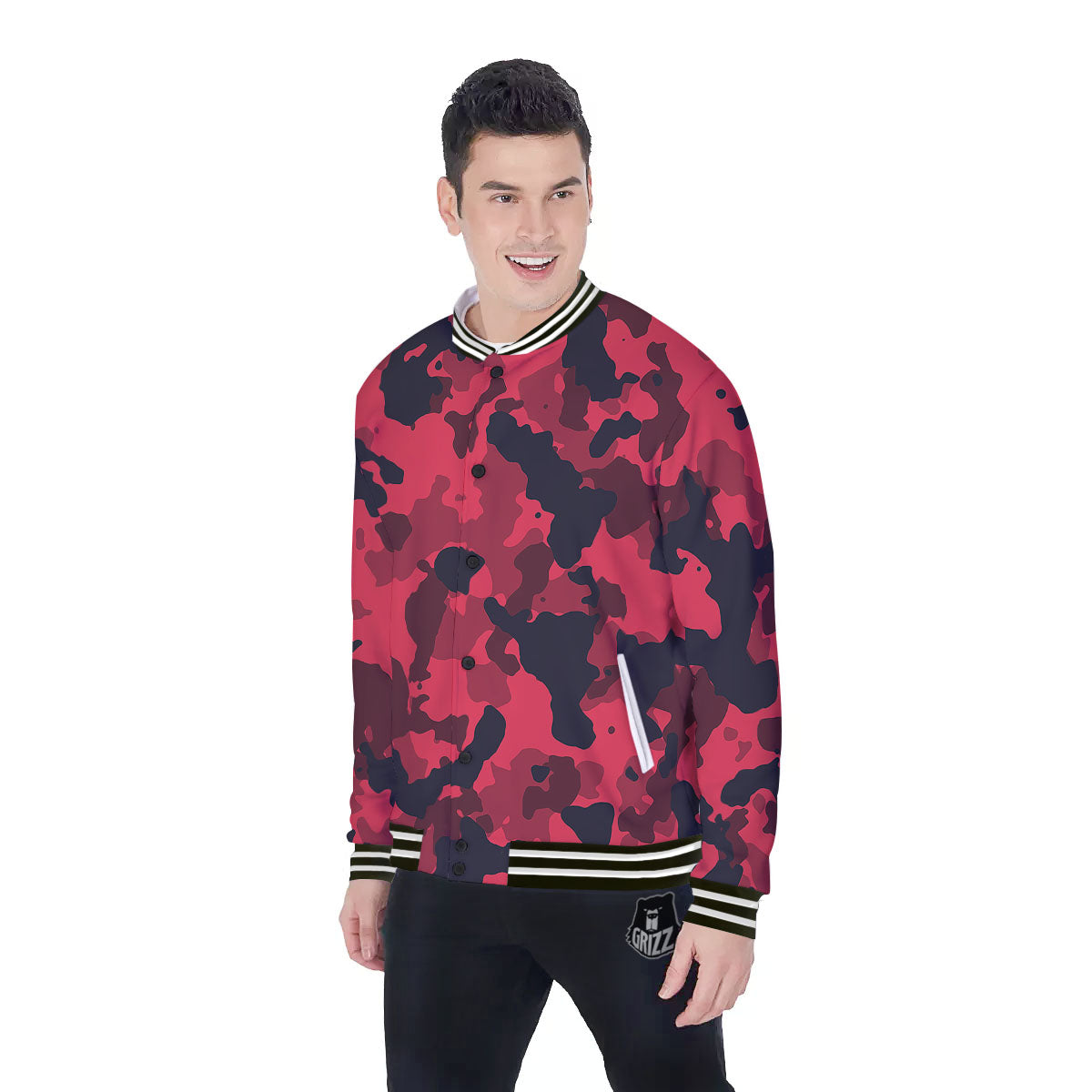 Camouflage Black And Red Print Baseball Jacket-grizzshop