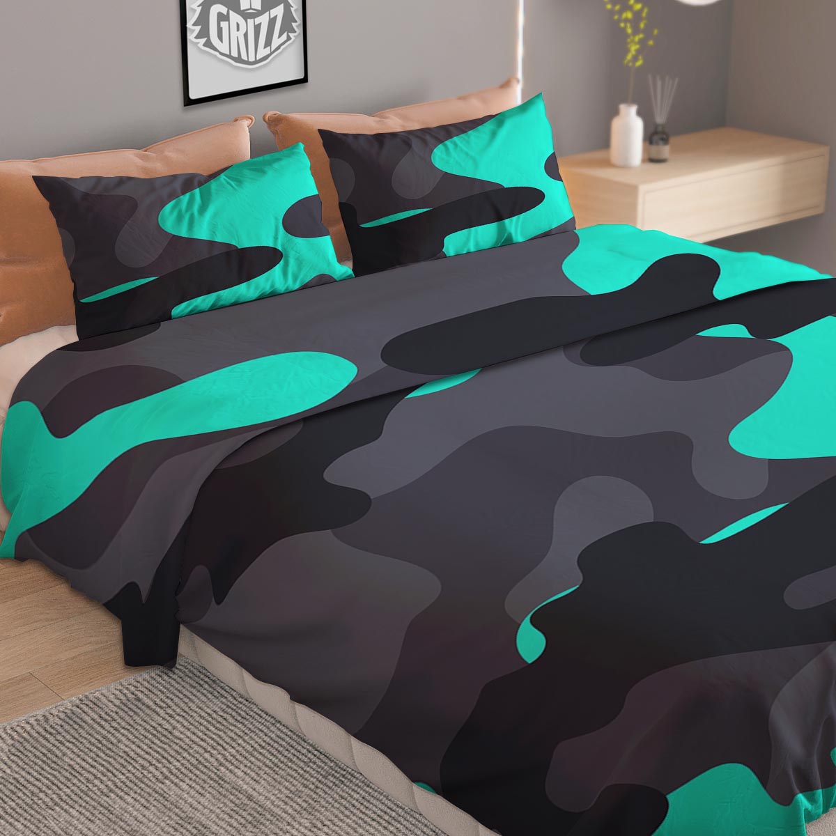 Camouflage Black And Teal Print Duvet Cover Bedding Set