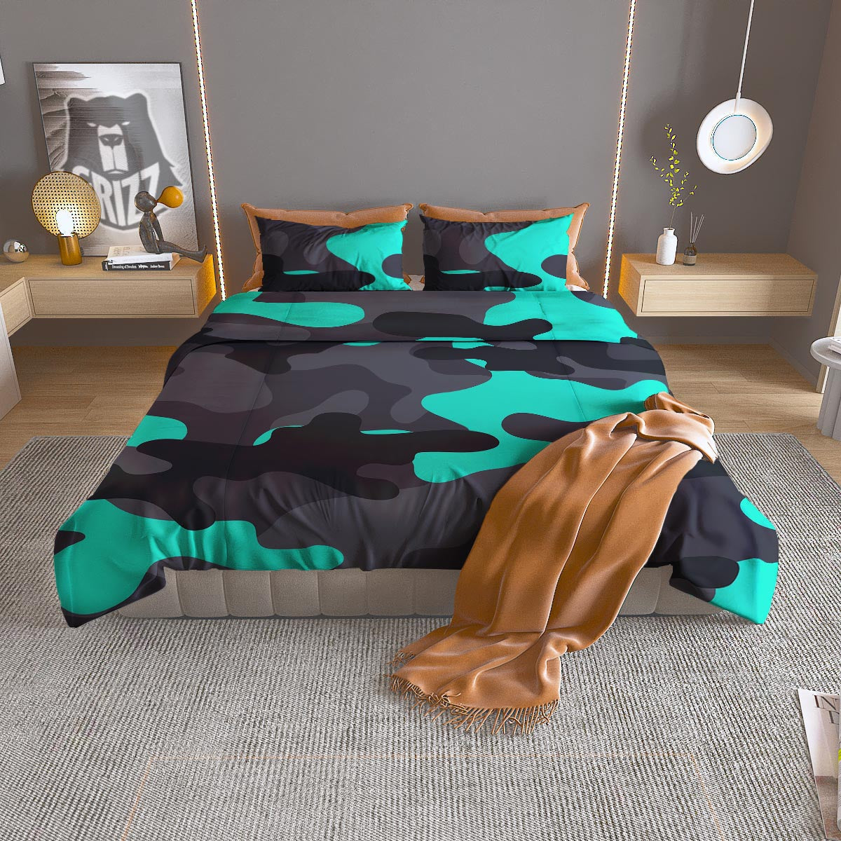 Camouflage Black And Teal Print Duvet Cover Bedding Set