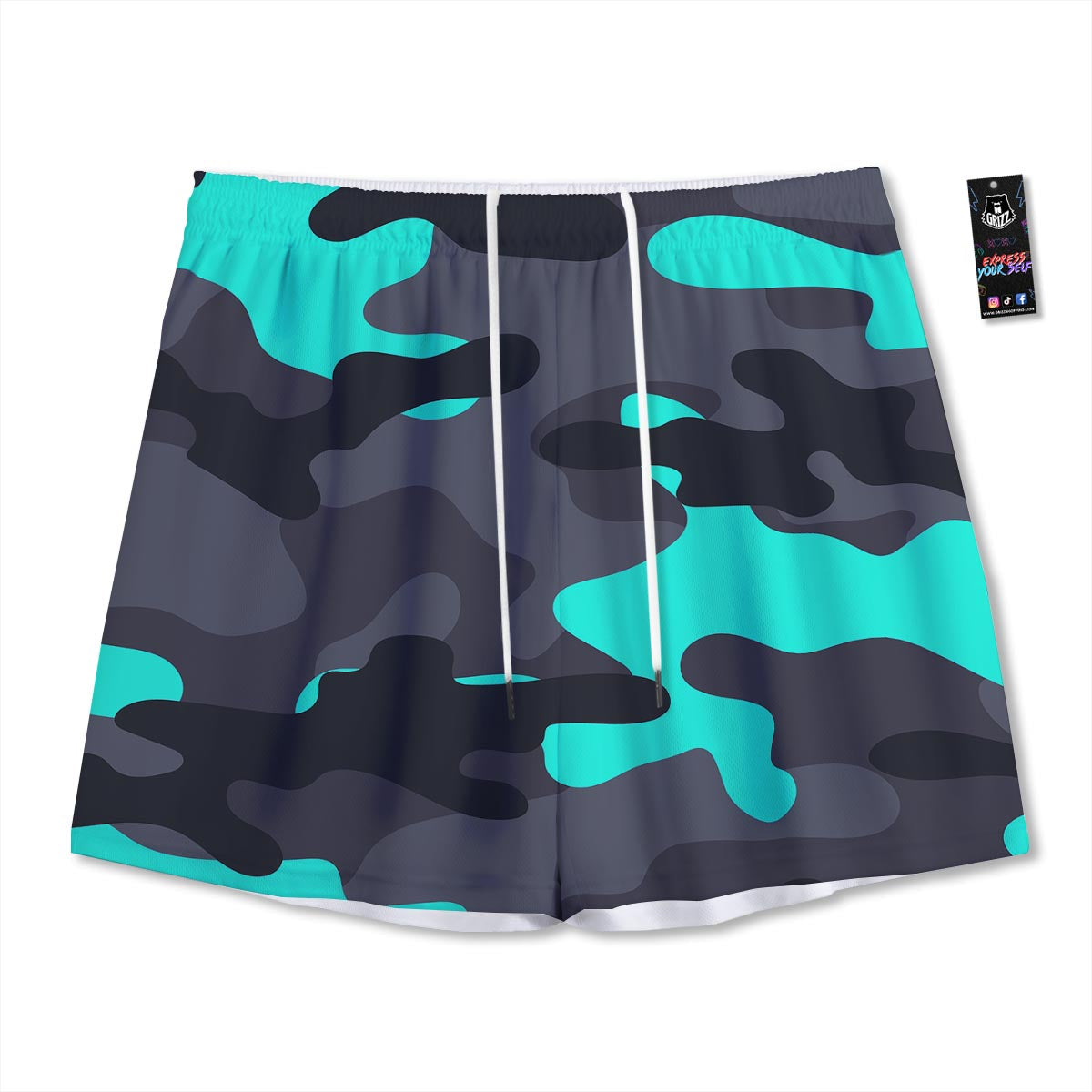 Camouflage Black And Teal Print Mesh Shorts