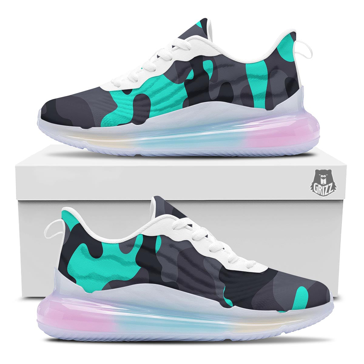 Camouflage Black And Teal Print Running Sneakers-grizzshop
