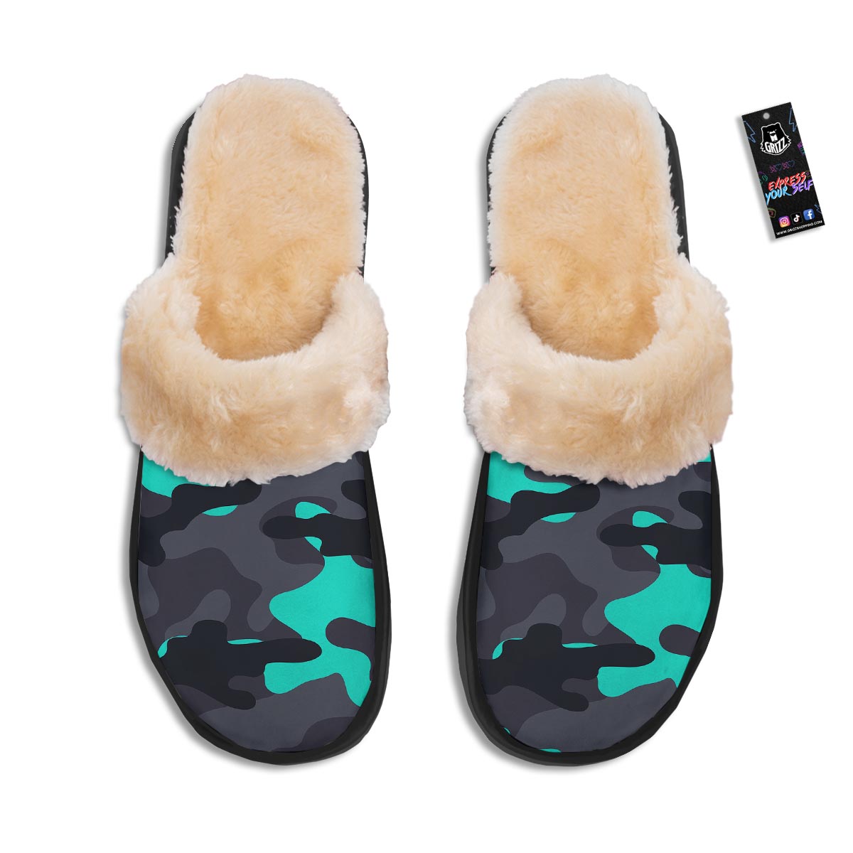 Camouflage Black And Teal Print Slippers-grizzshop