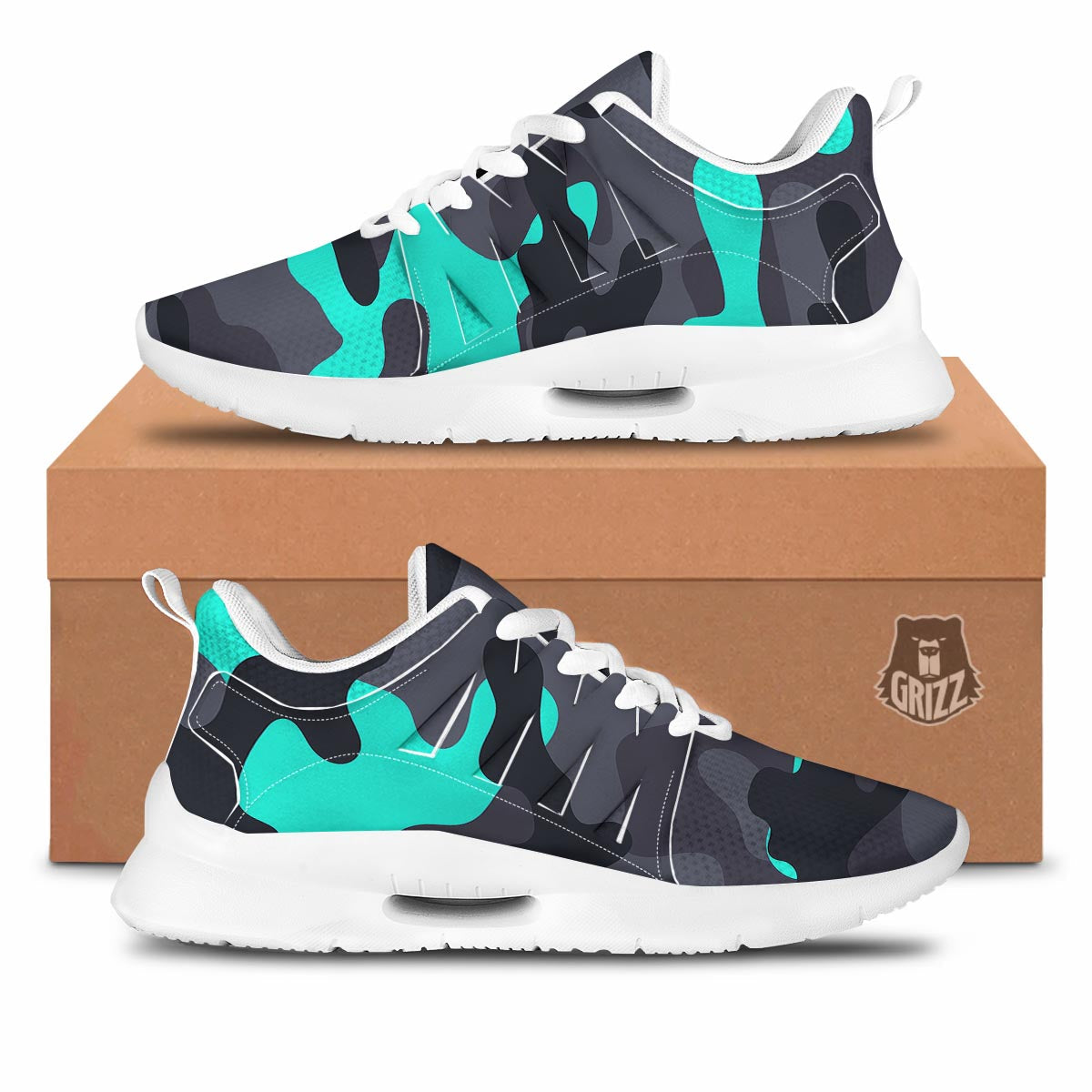 Camouflage Black And Teal Print Tennis Shoes-grizzshop