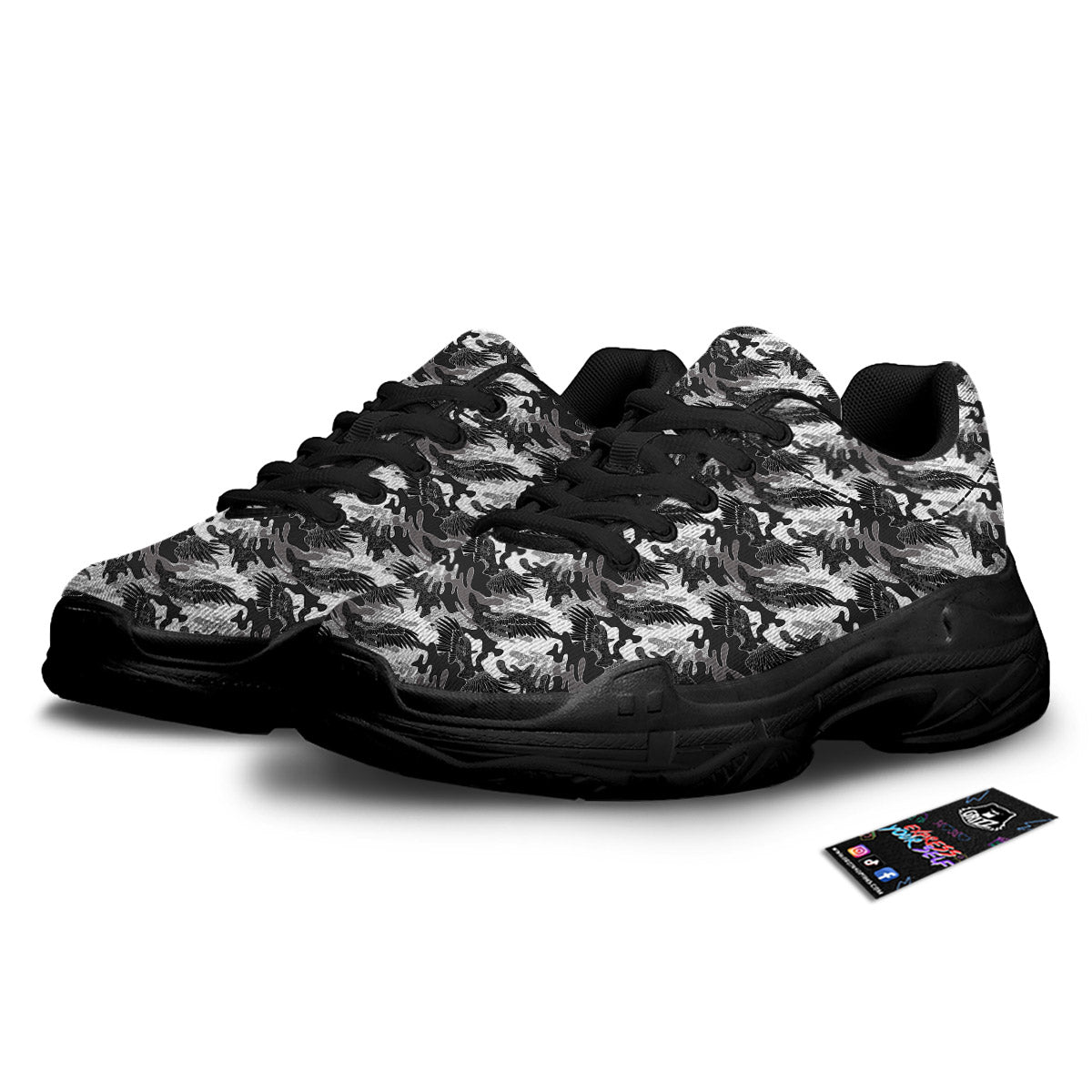 Camouflage Black Wings Print Pattern Black Chunky Shoes-grizzshop