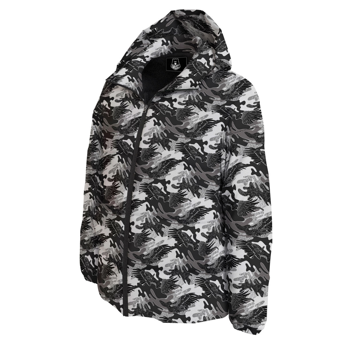 Camouflage Black Wings Print Pattern Down Jacket-grizzshop