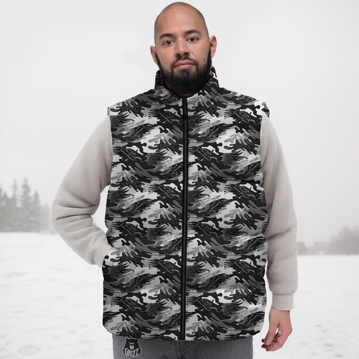 Camouflage Black Wings Print Pattern Down Vest-grizzshop