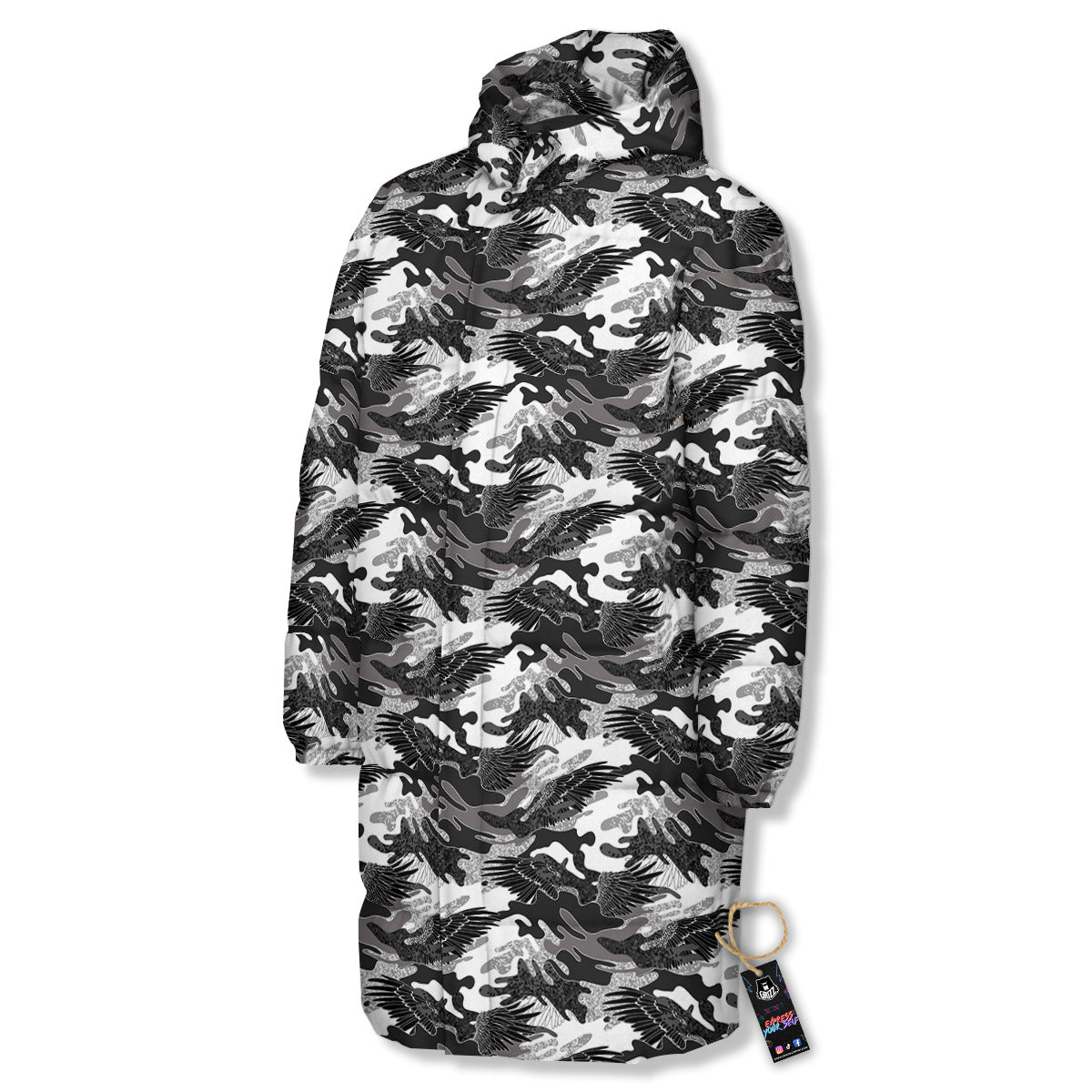 Camouflage Black Wings Print Pattern Long Down Jacket-grizzshop
