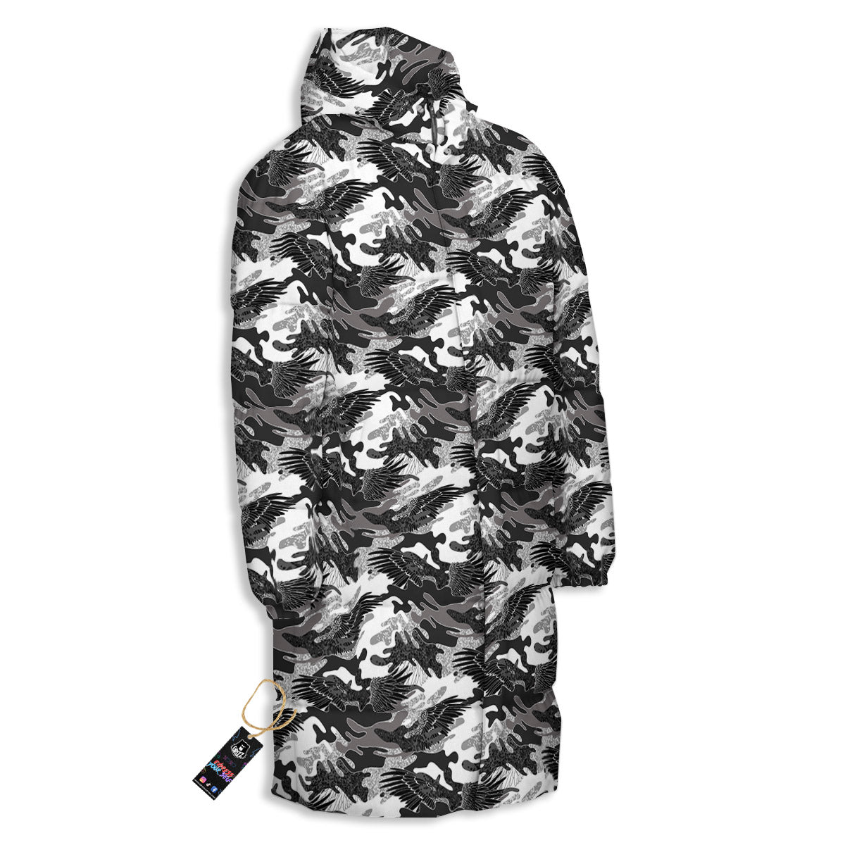 Camouflage Black Wings Print Pattern Long Down Jacket-grizzshop