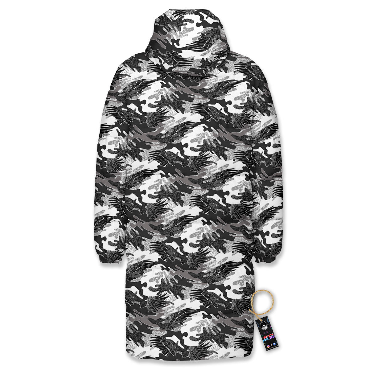 Camouflage Black Wings Print Pattern Long Down Jacket-grizzshop